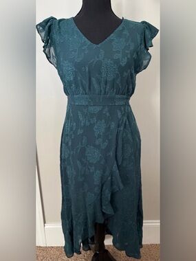 Girls Teal Floral V-Neck Ruffle Hem Dress